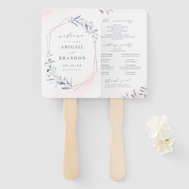 Rose Gold Dusty Blue Greenery Wedding Program Hand Fan (Front and Back)
