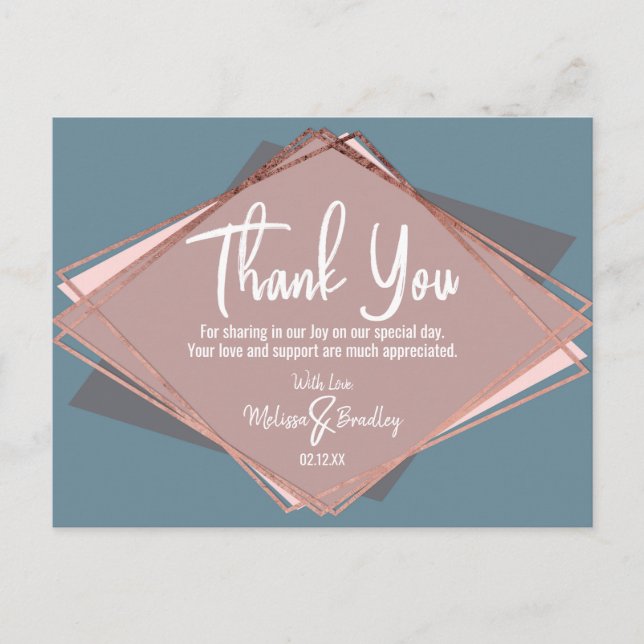 Rose Gold Dusty Blue Mauve Geometric Thank You Postcard (Front)