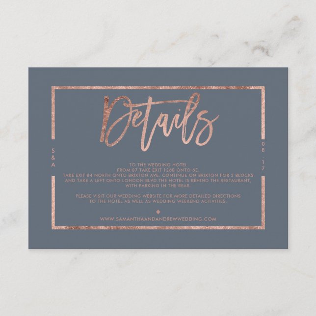 Rose gold dusty blue script wedding direction enclosure card (Front)