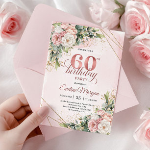 Rose Gold Dusty Pink Floral 60th Birthday Invite