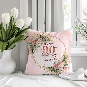 Rose Gold Dusty Pink Floral 90th Birthday Pillow