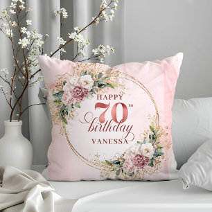 Rose Gold Dusty Pink Floral Pillow 70th Birthday 