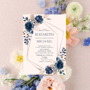 Rose Gold Dusty Pink Navy Blue Geometric Floral Invitation