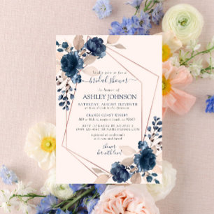 Rose Gold Dusty Pink Navy Floral Bridal Shower Invitation