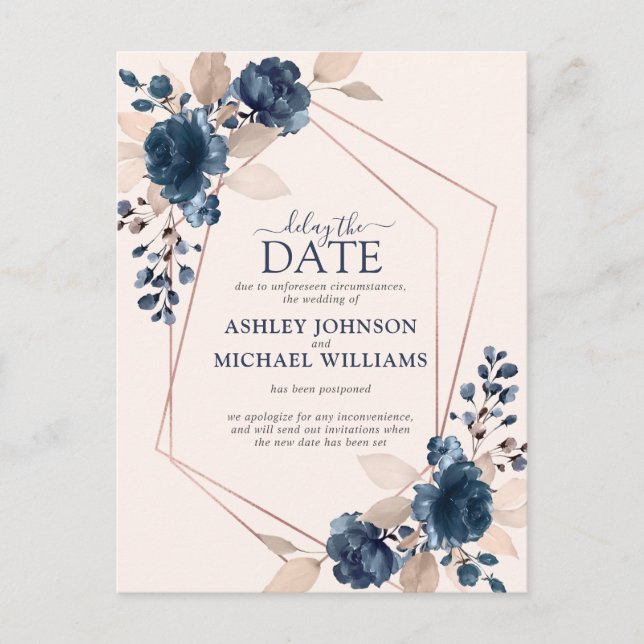 Rose Gold Dusty Pink Navy Floral Delay The Date Announcement Postcard (Front)