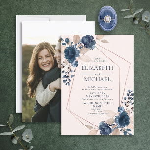 Rose Gold Dusty Pink Navy Floral Geometric Photo Invitation