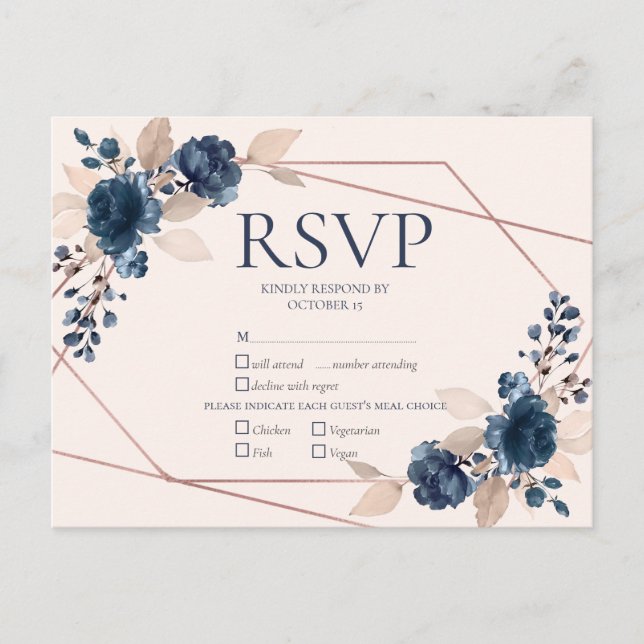 Rose Gold Dusty Pink Navy Floral Wedding RSVP Invitation Postcard (Front)