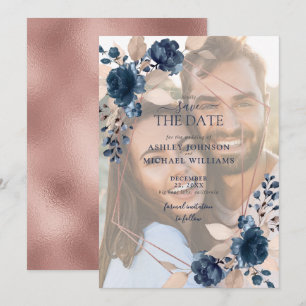 Rose Gold Dusty Pink Navy Photo Save the Date