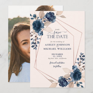 Rose Gold Dusty Pink Navy Photo Save the Date