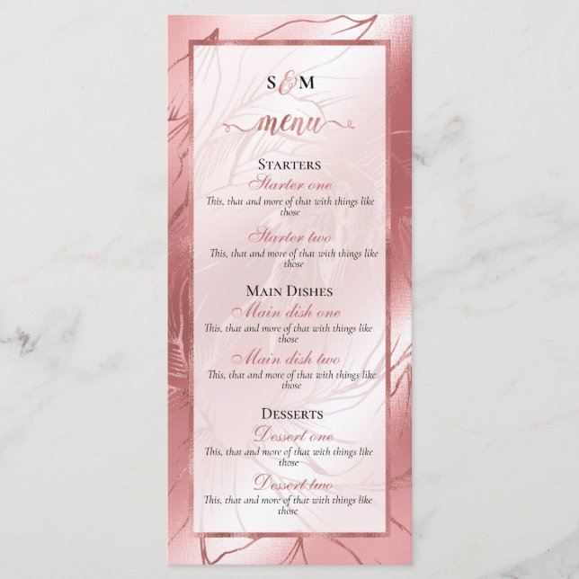 Rose gold dusty rose pink elegant classic wedding menu (Front)