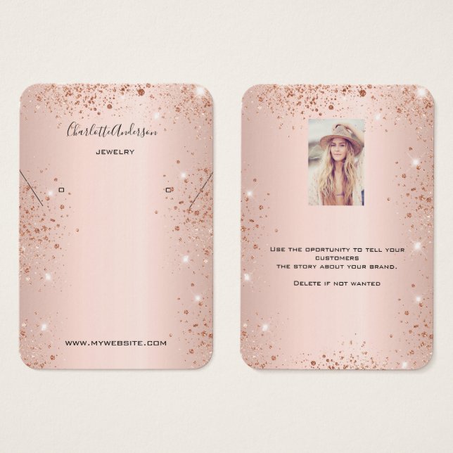 Rose gold earring photo glitter display card (Front & Back)