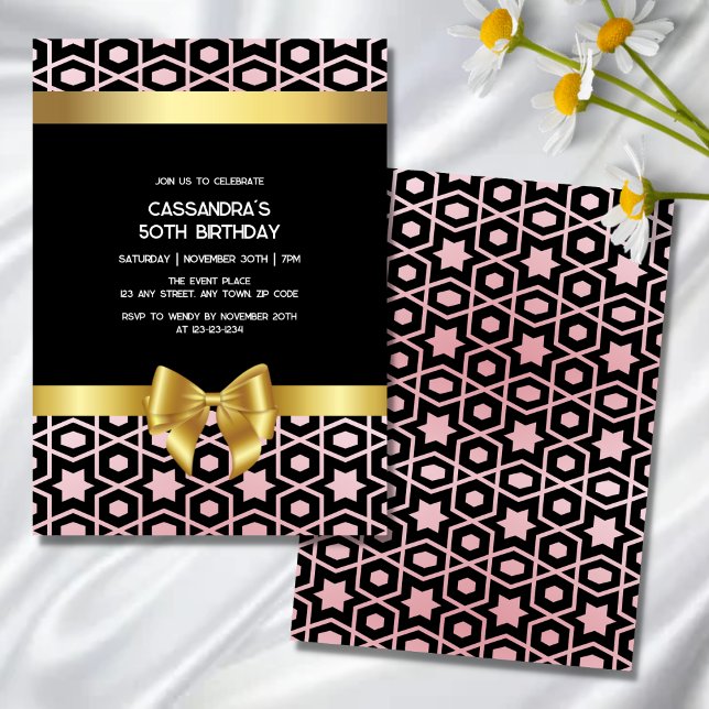 Rose Gold Egypt Geometric Gold Bow Black Birthday Invitation (Creator Uploaded)