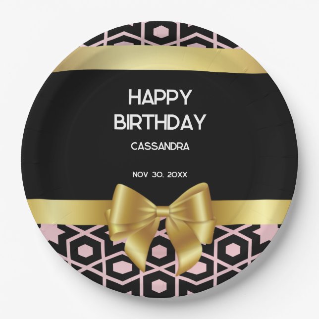 Rose Gold Egypt Geometric Gold Bow Happy Birthday Paper Plate (Front)