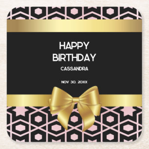 Rose Gold Egypt Geometric Gold Bow Happy Birthday Square Paper Coaster
