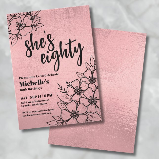 Rose Gold Elegant 80th Birthday Party Invitation (Rose Gold Floral 80th Birthday Party Invitation)