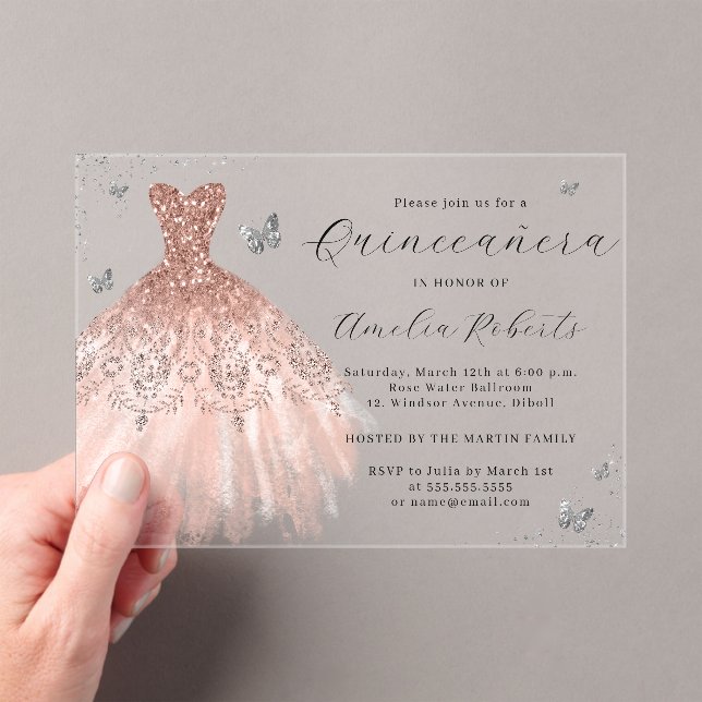 Rose Gold Elegant Butterfly Dress Quinceanera Acrylic Invitations (Insitu (Handheld))