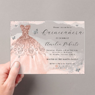 Rose Gold Elegant Dress Butterfly Quinceanera Acrylic Invitations