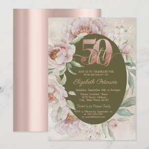Rose Gold Elegant Flowers 50th Birthday Invitation