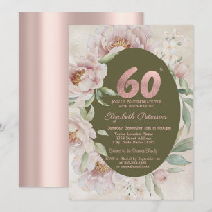 Rose Gold Elegant Flowers 60th Birthday Invitation