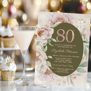 Rose Gold Elegant Flowers 80th Birthday Invitation
