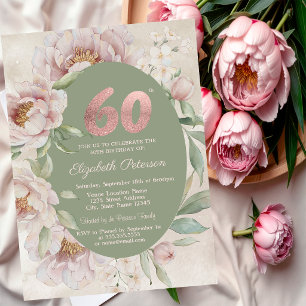 Rose Gold Elegant Flowers Green 60th Birthday  Invitation