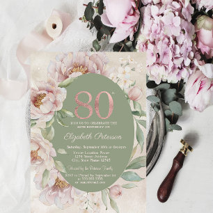 Rose Gold Elegant Flowers Green 80th Birthday Invitation