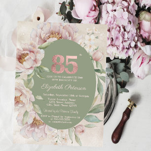 Rose Gold Elegant Flowers Green 85th Birthday Invitation