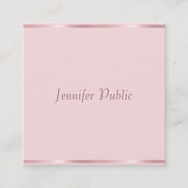 Rose Gold Elegant Hand Script Template Modern Square Business Card (Front)