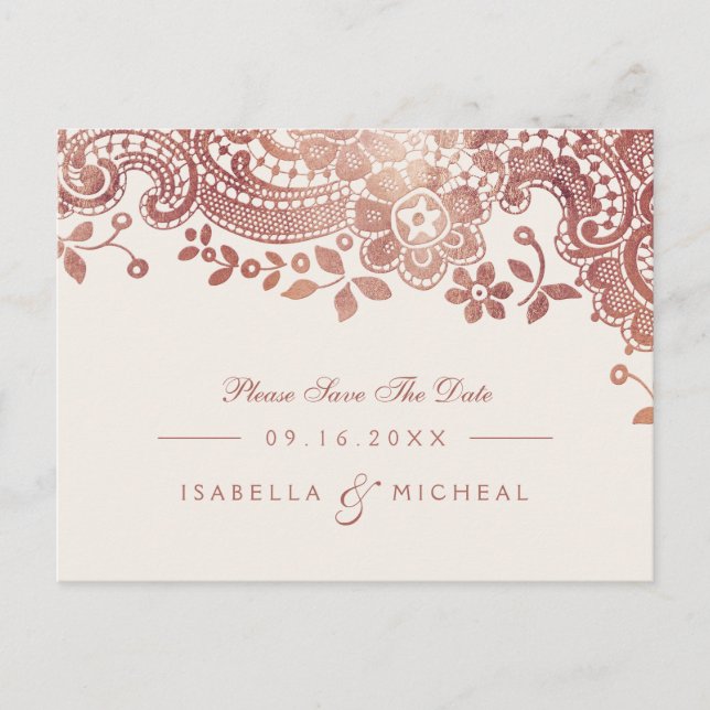 Rose gold elegant lace wedding save the date announcement postcard (Front)