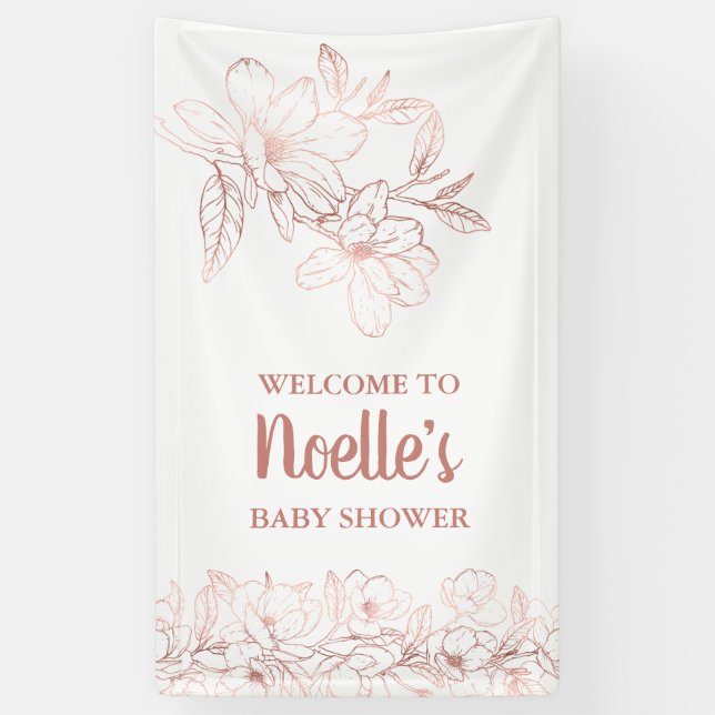 Rose Gold Elegant Magnolia Flowers, Baby Shower Banner (Vertical)