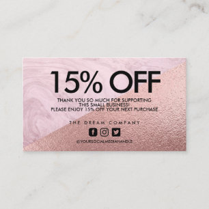 Rose Gold Elegant Marble Discount Thank You Business Card