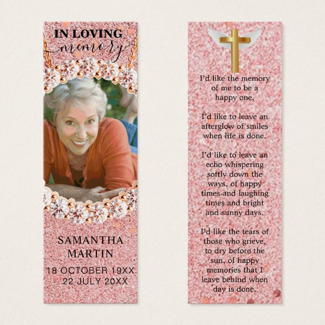 Rose Gold Elegant Photo Memorial Funeral Bookmark (Front & Back)