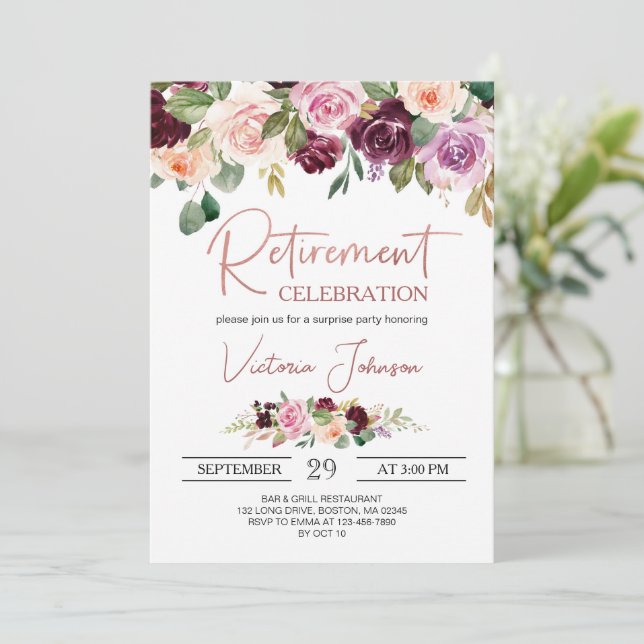 Rose Gold Elegant Script Surprise Retirement Party Invitation (Standing Front)