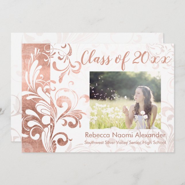 Rose Gold Elegant Swirl Photo Graduation Invitation (Front/Back)