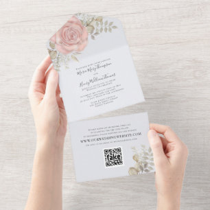 Rose Gold Elegant Watercolor Floral Rose QR Code All In One Invitation