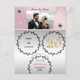 Rose Gold Emerald 20th Anniversary Save the Date Postcard