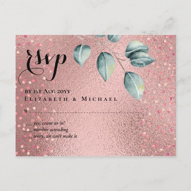 Rose Gold Eucalyptus Leaves Foil Look WEDDING Postcard (Front)