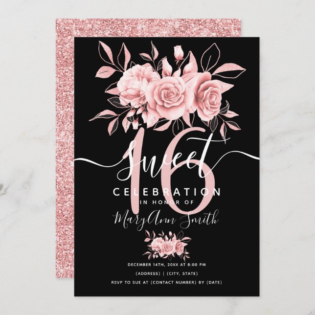 Rose Gold Fab Floral Glitter 16th Birthday Black  Invitation (Front/Back)