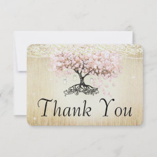 Rose Gold Fairy Lights Heart Leaf Tree Thank You Card
