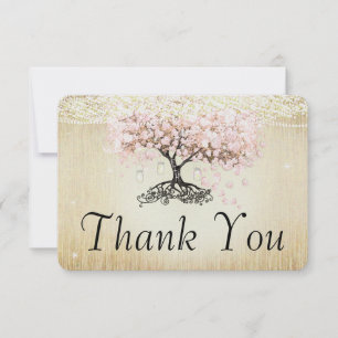 Rose Gold Fairy Lights Heart Leaf Tree Thank You Card