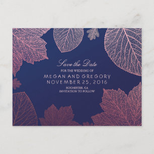 Rose Gold Fall Leaves Elegant Save the Date Announcement Postcard