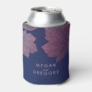 Rose Gold Fall Leaves Navy Blue Rustic Wedding Can Cooler