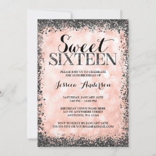 Rose Gold Faux Black Glitter Lights Sweet 16 Invitation