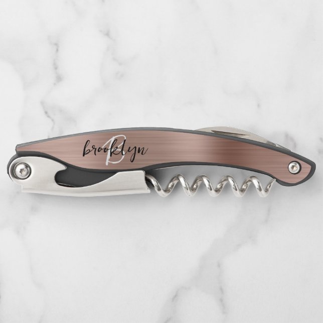 Rose Gold Faux Brushed Metal Monogram Script Corkscrew (Front)