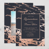 rose gold faux foil marble Quinceanera Invitation