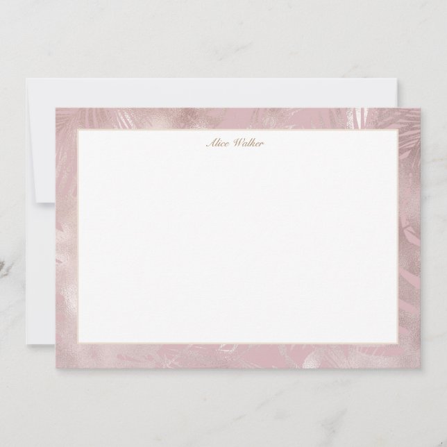 Rose gold faux foil tropical leaves monogram card (Front)