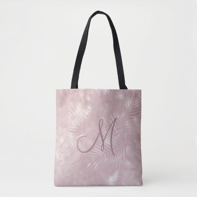 rose gold faux foli tropica leaf monogram tote bag (Front)
