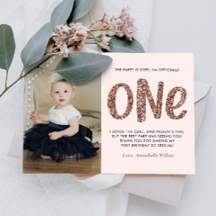 Rose Gold Faux Glitter 1st Birthday Thank You  Postcard