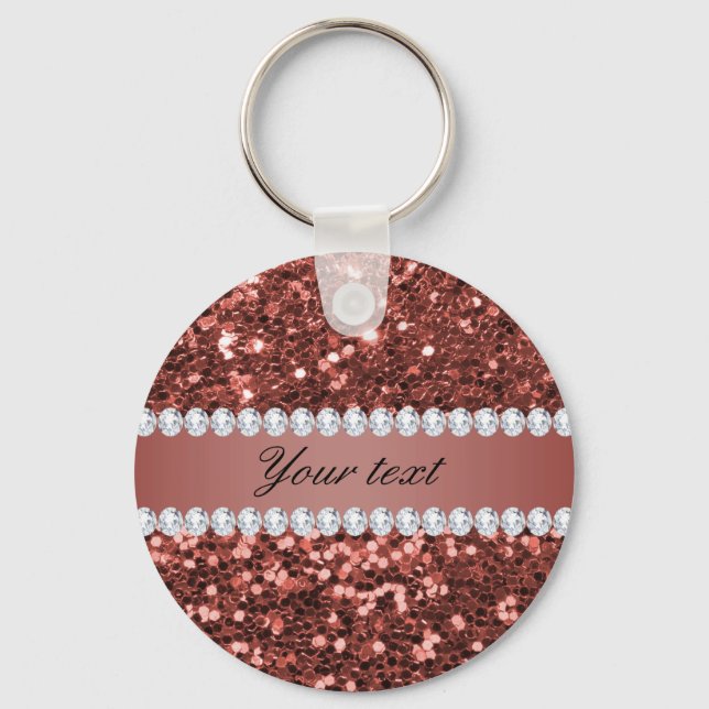 Rose Gold Faux Glitter and Diamonds Personalised Key Ring (Front)