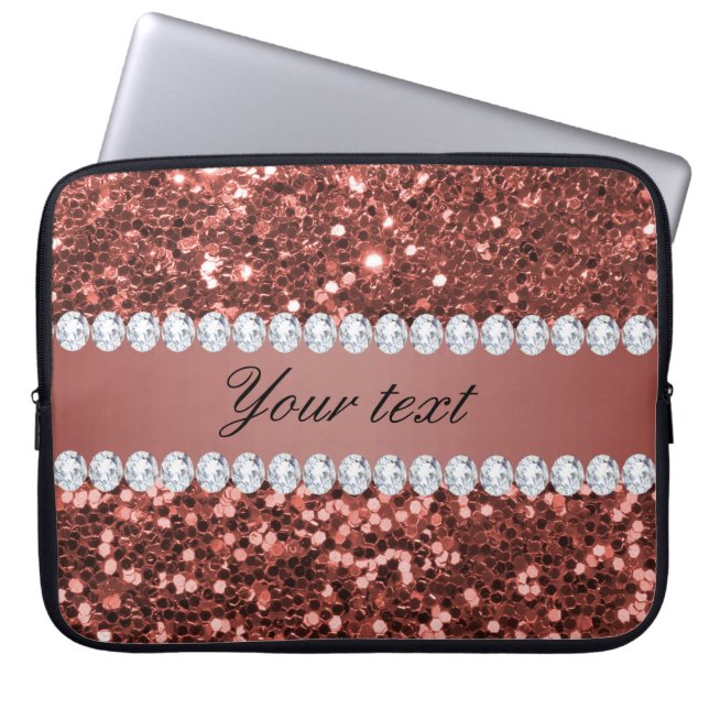 Rose Gold Faux Glitter and Diamonds Personalised Laptop Sleeve (Front)